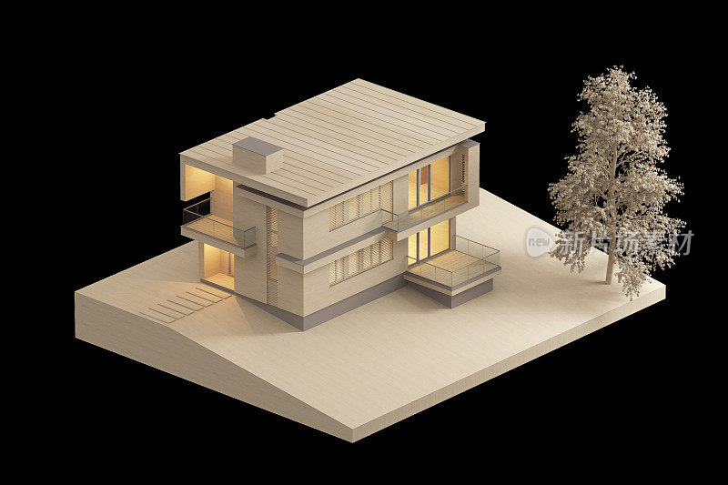 现代别墅比例建筑模型。木制的对象。黑色背景。(6 k图片)